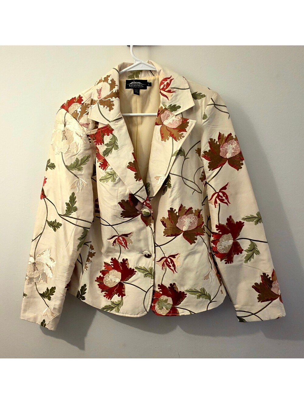 Icelandic Design Floral Embroidered Cream Blazer Jacket Large